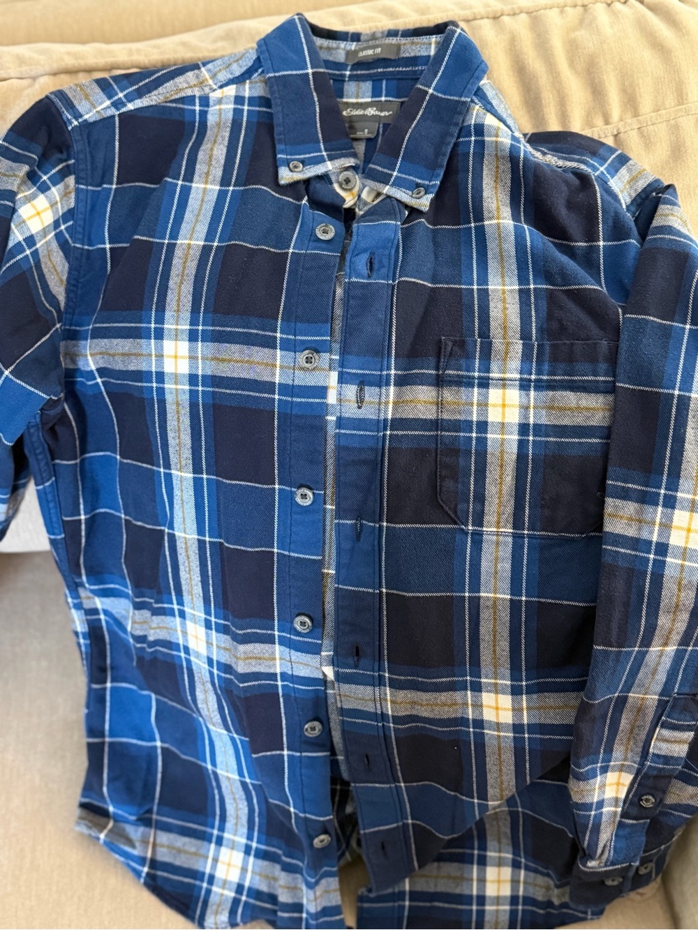 Eddie Bauer Blue and Navy Plaid Button-Down Shirt